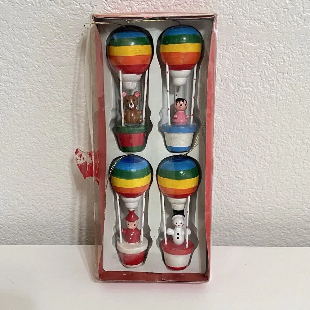 Vintage Wooden Rainbow Hot Air Balloon Ornaments Santa Snowman Bear Set of 4